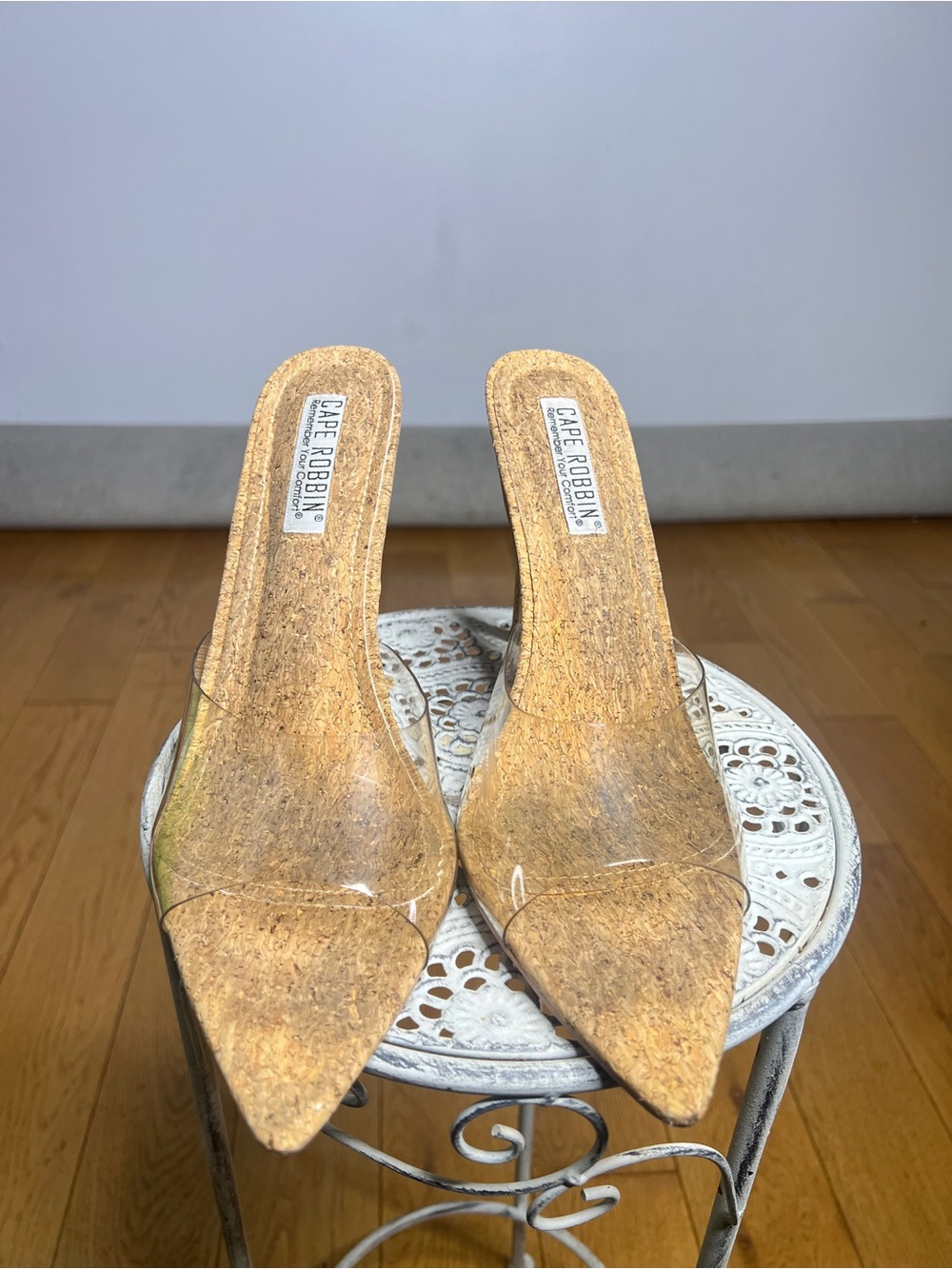 Cape Robbin Clear & Cork Pointed Toe Mules